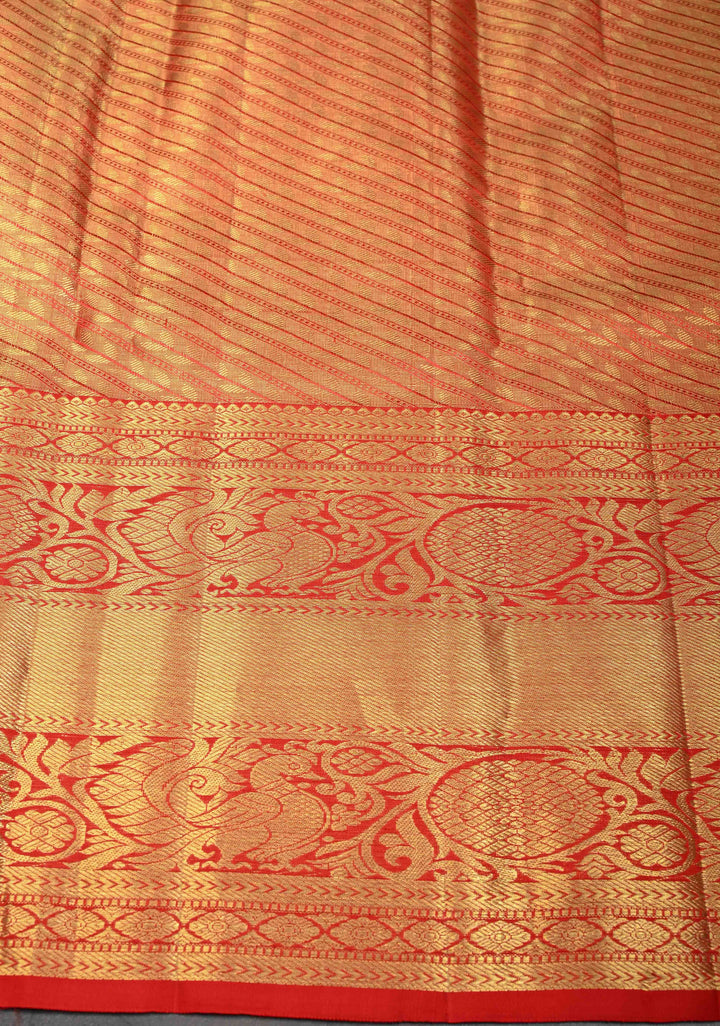 Lavender Tissue Semi Silk Saree in Kanchi Style with Peacock Brocade Jaal and Contrast Zari Border