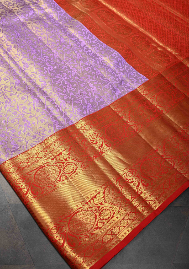 Lavender Tissue Semi Silk Saree in Kanchi Style with Peacock Brocade Jaal and Contrast Zari Border