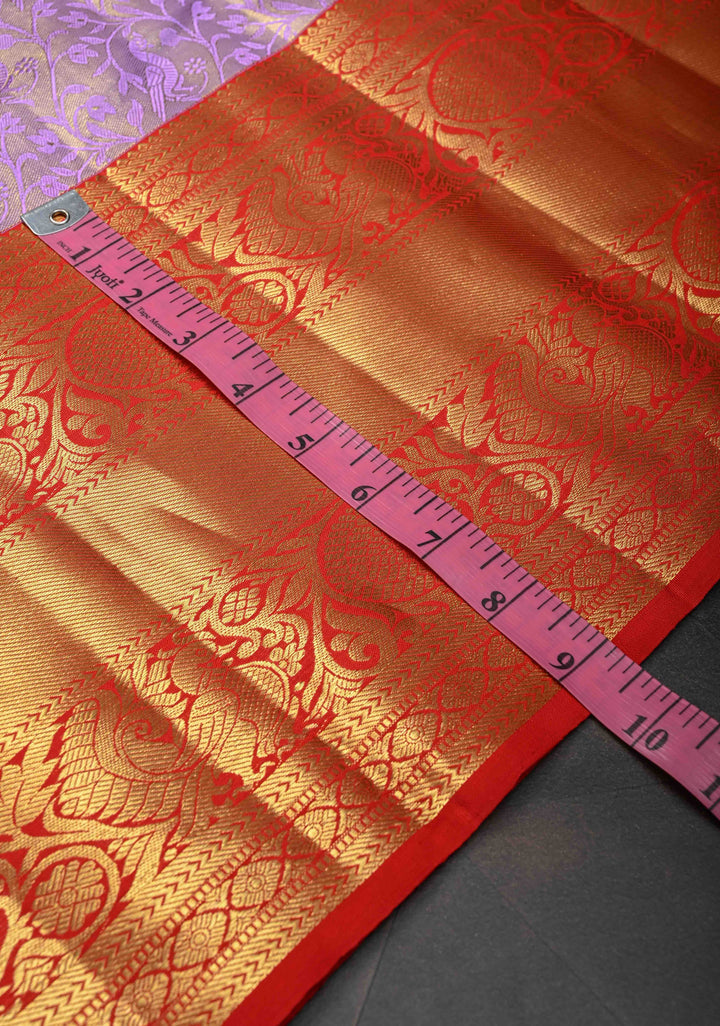 Lavender Tissue Semi Silk Saree in Kanchi Style with Peacock Brocade Jaal and Contrast Zari Border