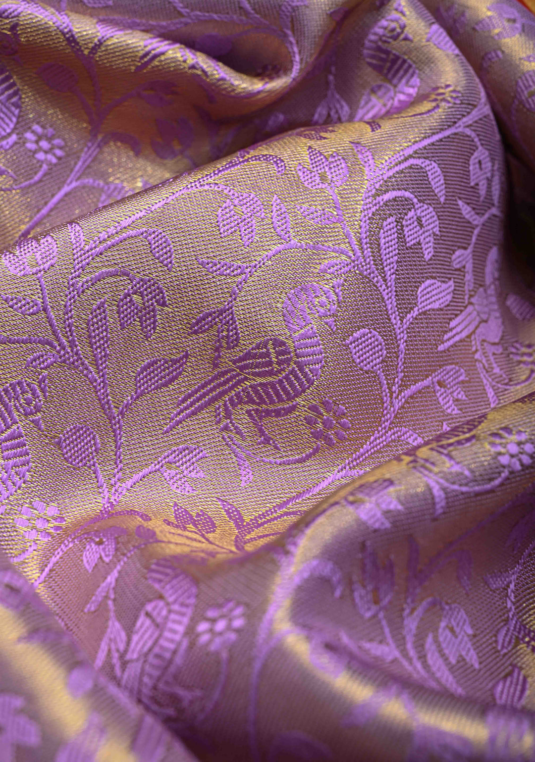 Lavender Tissue Semi Silk Saree in Kanchi Style with Peacock Brocade Jaal and Contrast Zari Border