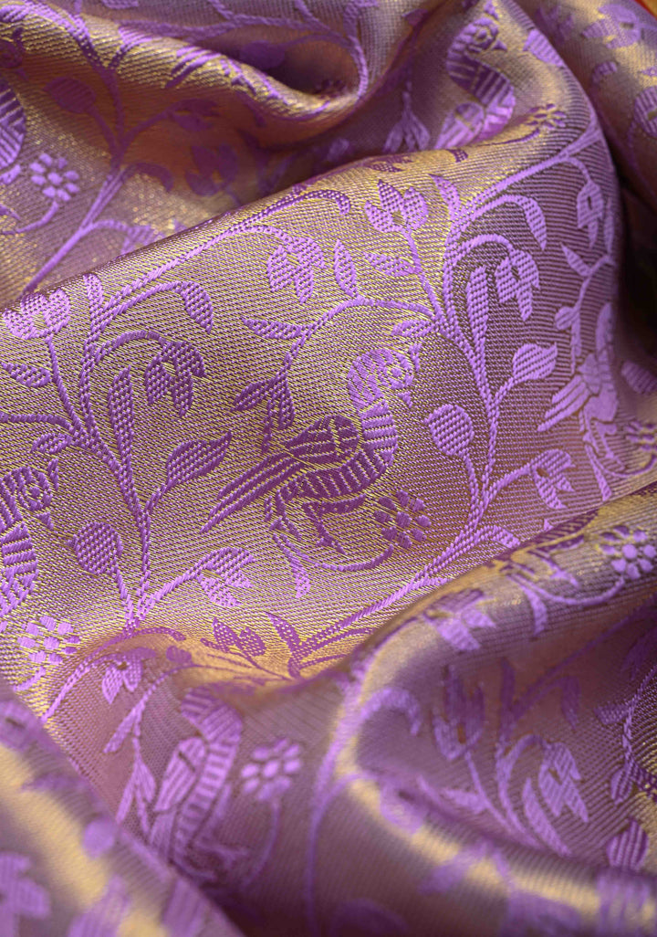 Lavender Tissue Semi Silk Saree in Kanchi Style with Peacock Brocade Jaal and Contrast Zari Border