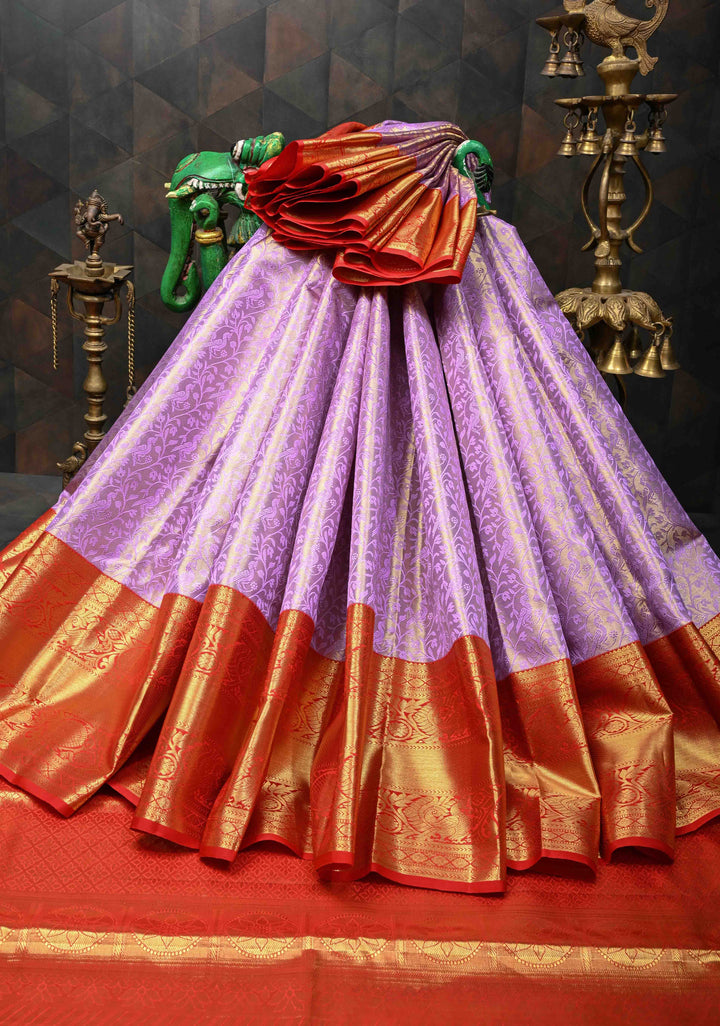 Lavender Tissue Semi Silk Saree in Kanchi Style with Peacock Brocade Jaal and Contrast Zari Border