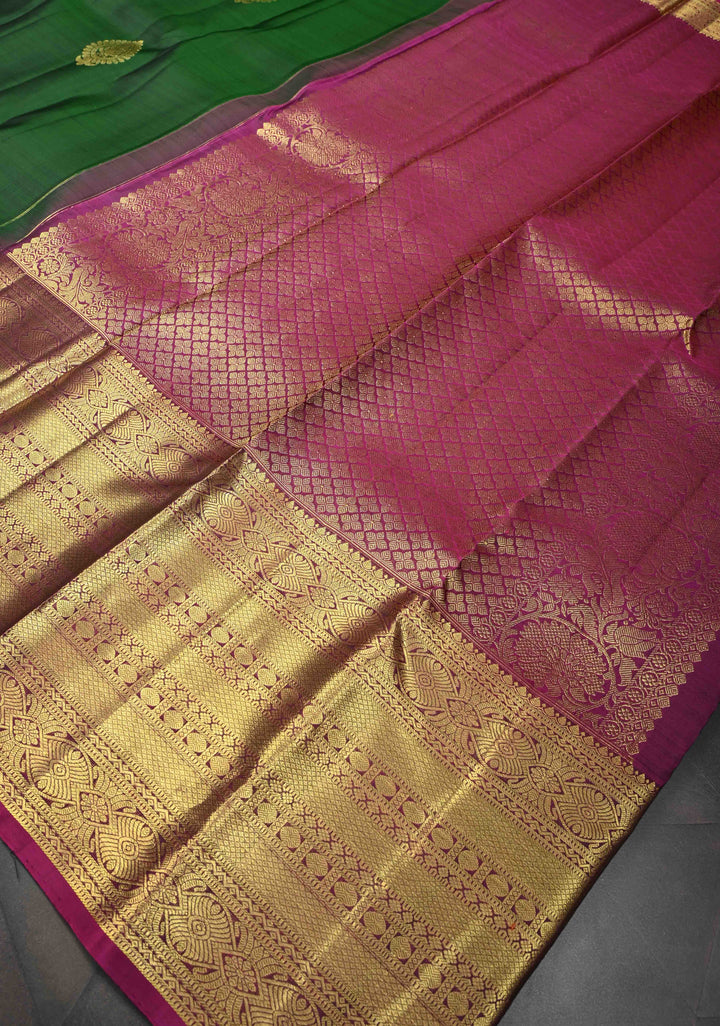 Bottle Green Kanjivaram Silk Saree with Zari Buttas and Contrast Wide Zari Border | SILK MARK CERTIFIED