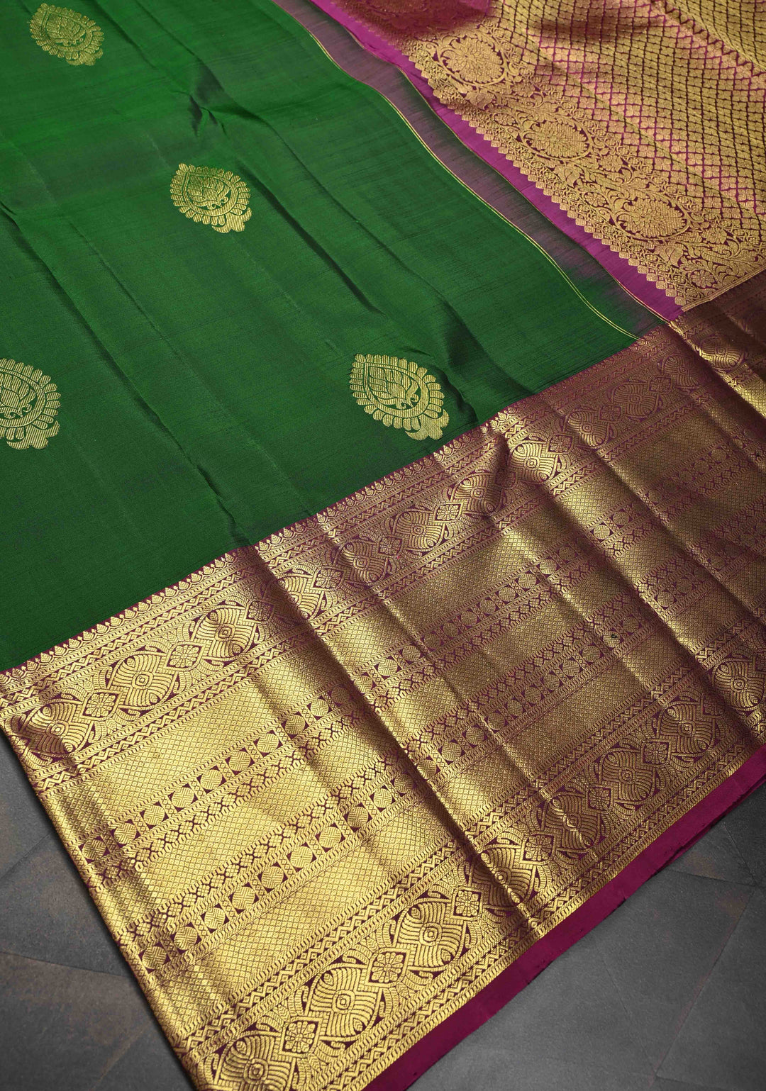 Bottle Green Kanjivaram Silk Saree with Zari Buttas and Contrast Wide Zari Border | SILK MARK CERTIFIED