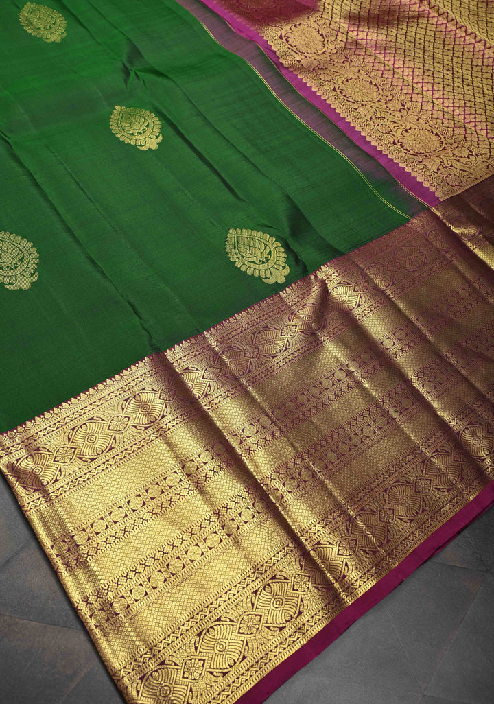 Bottle Green Kanjivaram Silk Saree with Zari Buttas and Contrast Wide Zari Border | SILK MARK CERTIFIED