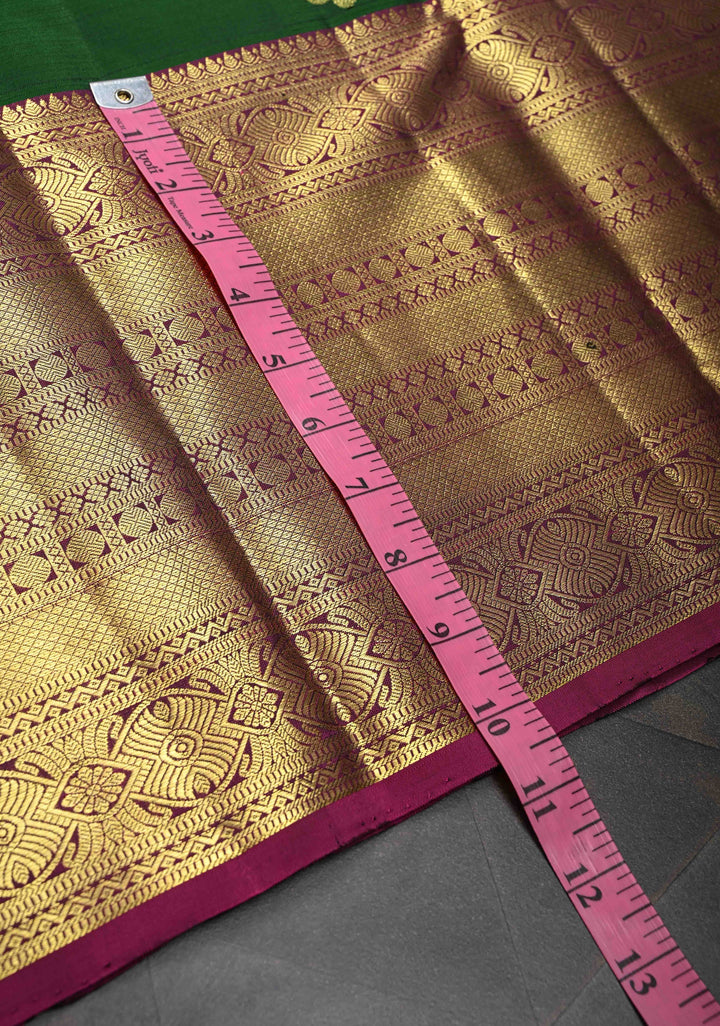 Bottle Green Kanjivaram Silk Saree with Zari Buttas and Contrast Wide Zari Border | SILK MARK CERTIFIED