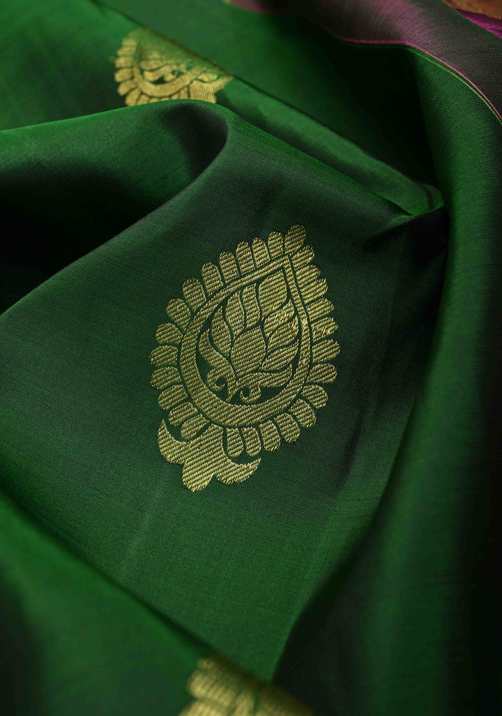 Bottle Green Kanjivaram Silk Saree with Zari Buttas and Contrast Wide Zari Border | SILK MARK CERTIFIED