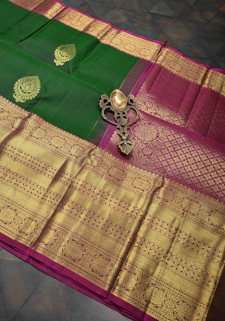 Bottle Green Kanjivaram Silk Saree with Zari Buttas and Contrast Wide Zari Border | SILK MARK CERTIFIED