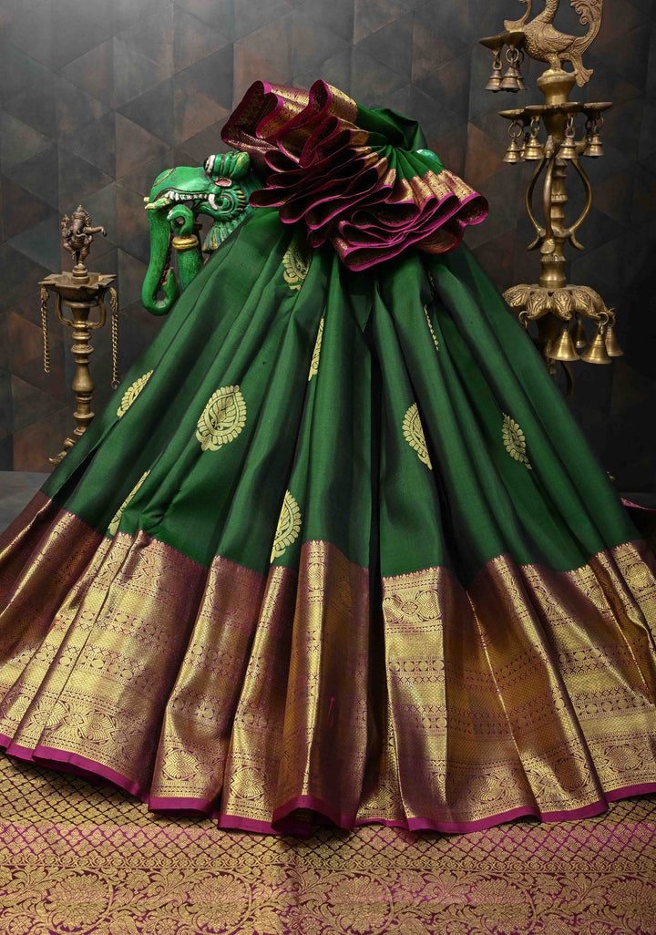 Bottle Green Kanjivaram Silk Saree with Zari Buttas and Contrast Wide Zari Border | SILK MARK CERTIFIED
