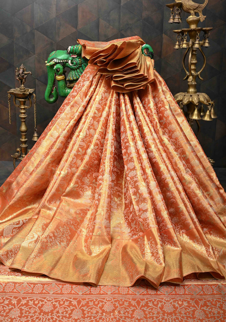 Pumpkin Orange Kanjivaram Tissue Silk Saree with Meenakari Floral Brocade Jaal and Contrast Zari Border | SILK MARK CERTIFIED