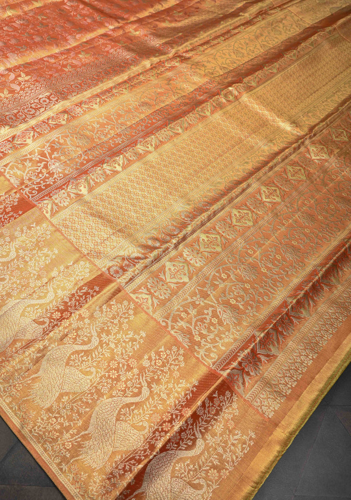 Pumpkin Orange Kanjivaram Tissue Silk Saree with Meenakari Floral Brocade Jaal and Contrast Zari Border | SILK MARK CERTIFIED