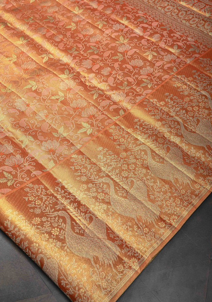 Pumpkin Orange Kanjivaram Tissue Silk Saree with Meenakari Floral Brocade Jaal and Contrast Zari Border | SILK MARK CERTIFIED
