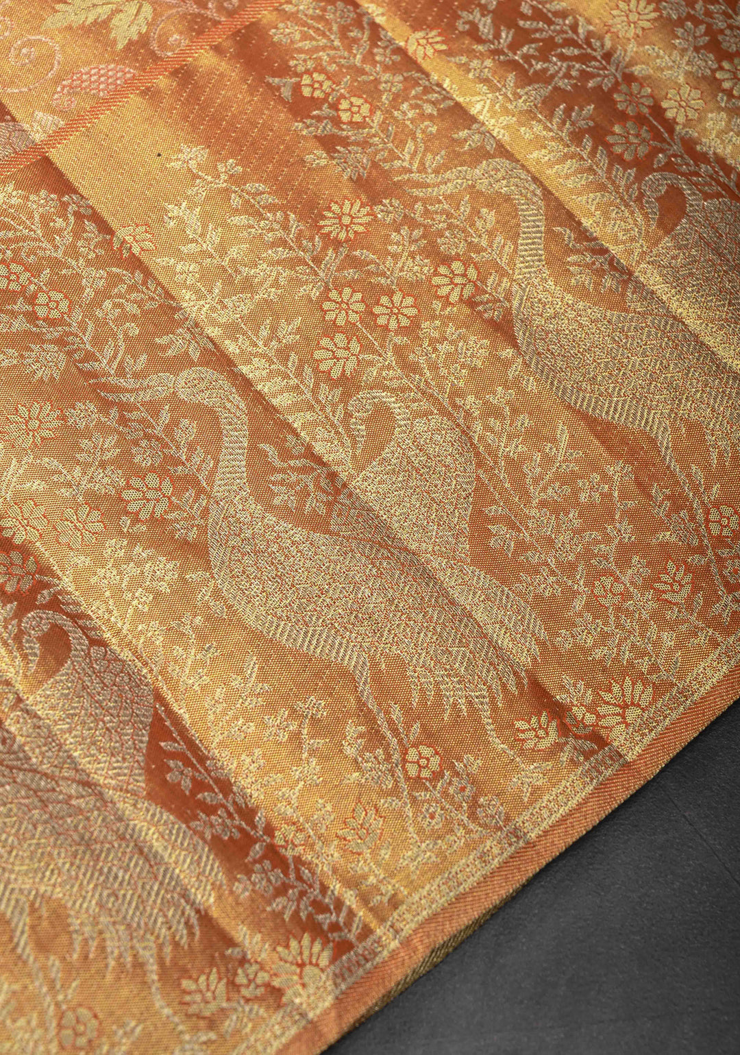Pumpkin Orange Kanjivaram Tissue Silk Saree with Meenakari Floral Brocade Jaal and Contrast Zari Border | SILK MARK CERTIFIED