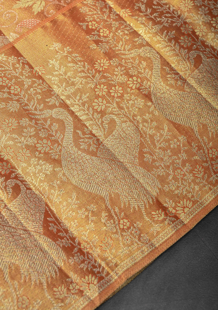 Pumpkin Orange Kanjivaram Tissue Silk Saree with Meenakari Floral Brocade Jaal and Contrast Zari Border | SILK MARK CERTIFIED