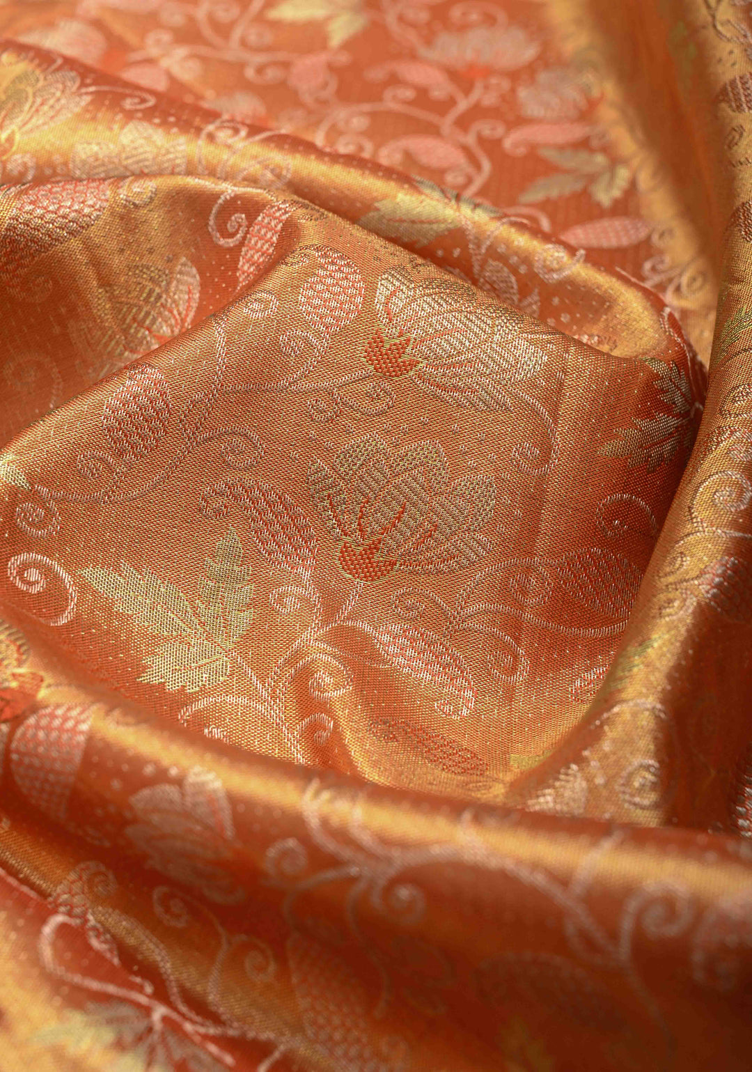 Pumpkin Orange Kanjivaram Tissue Silk Saree with Meenakari Floral Brocade Jaal and Contrast Zari Border | SILK MARK CERTIFIED
