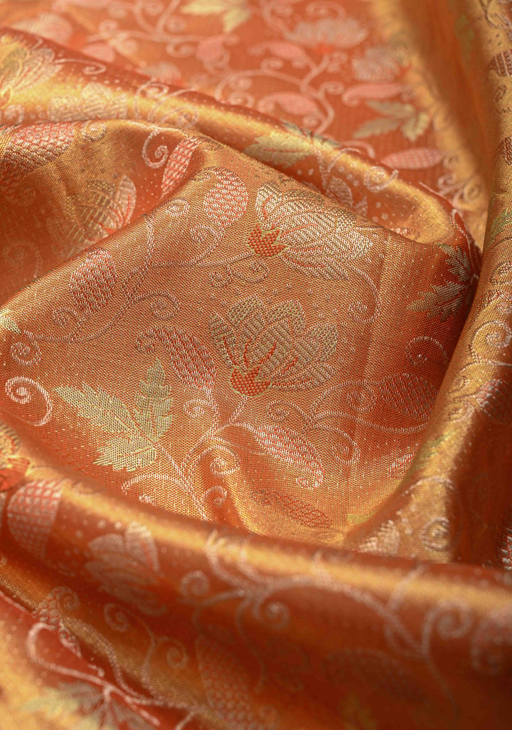 Pumpkin Orange Kanjivaram Tissue Silk Saree with Meenakari Floral Brocade Jaal and Contrast Zari Border | SILK MARK CERTIFIED