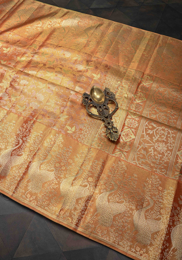 Pumpkin Orange Kanjivaram Tissue Silk Saree with Meenakari Floral Brocade Jaal and Contrast Zari Border | SILK MARK CERTIFIED