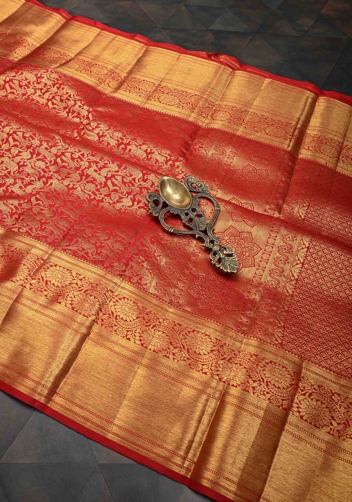Red Pure Kanjivaram Silk Saree with Vanasingaram Brocade Jaal and Zari Border | SILK MARK CERTIFIED