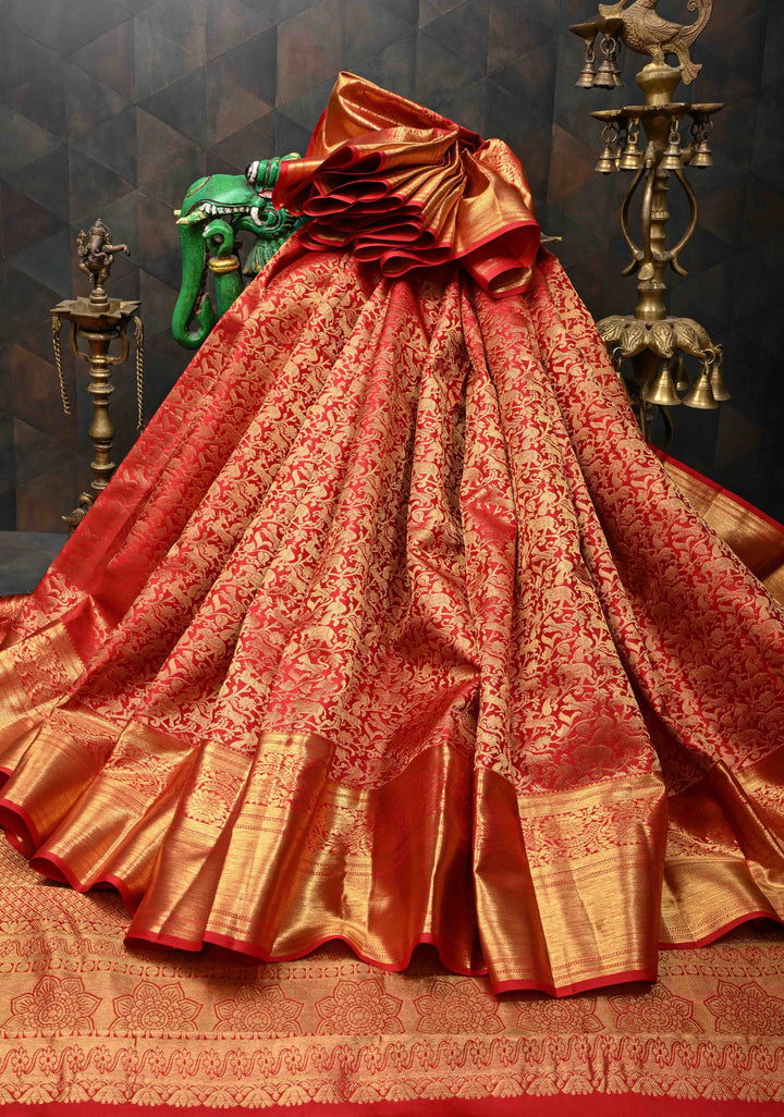 Red Pure Kanjivaram Silk Saree with Vanasingaram Brocade Jaal and Zari Border | SILK MARK CERTIFIED