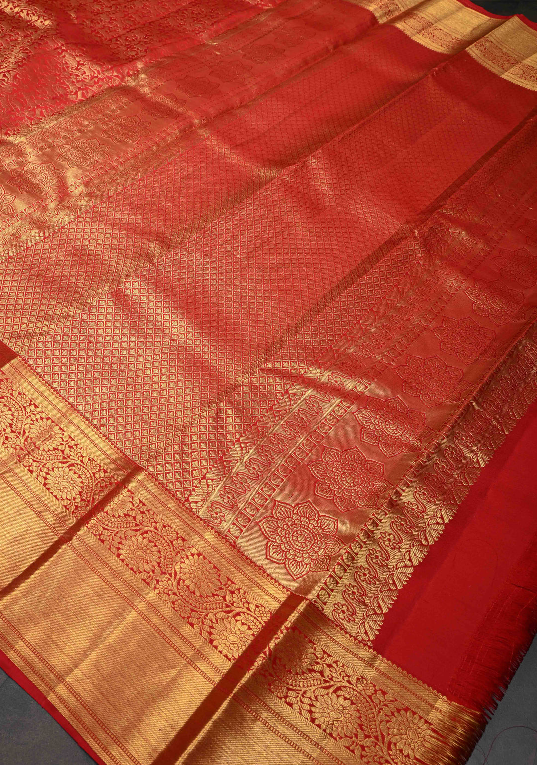 Red Pure Kanjivaram Silk Saree with Vanasingaram Brocade Jaal and Zari Border | SILK MARK CERTIFIED