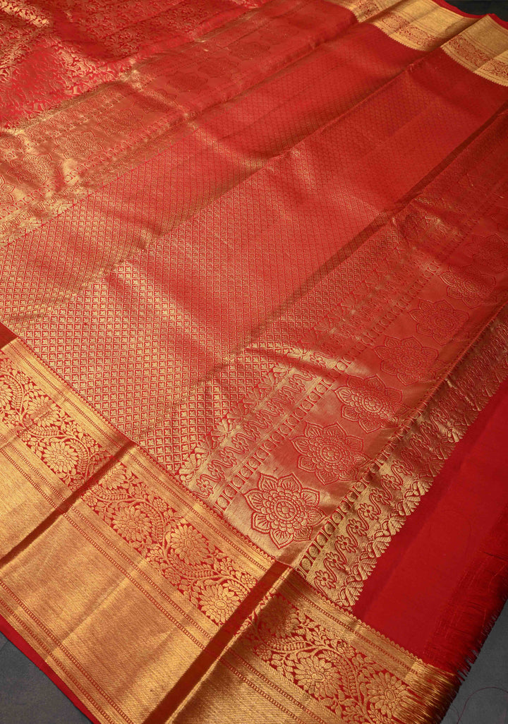 Red Pure Kanjivaram Silk Saree with Vanasingaram Brocade Jaal and Zari Border | SILK MARK CERTIFIED