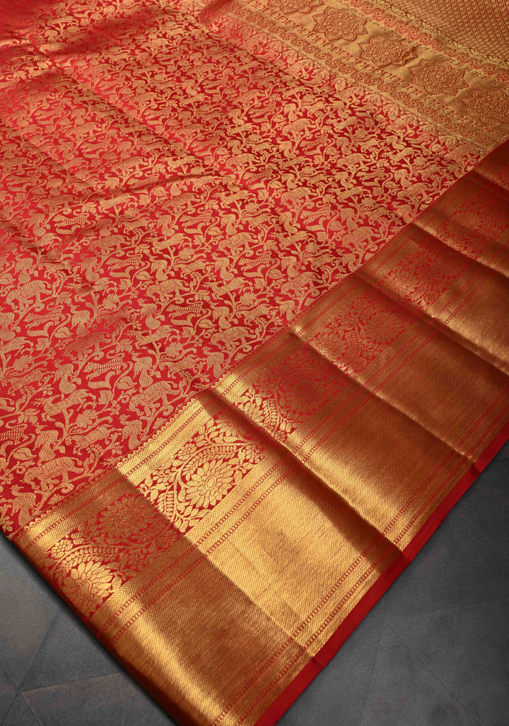 Red Pure Kanjivaram Silk Saree with Vanasingaram Brocade Jaal and Zari Border | SILK MARK CERTIFIED