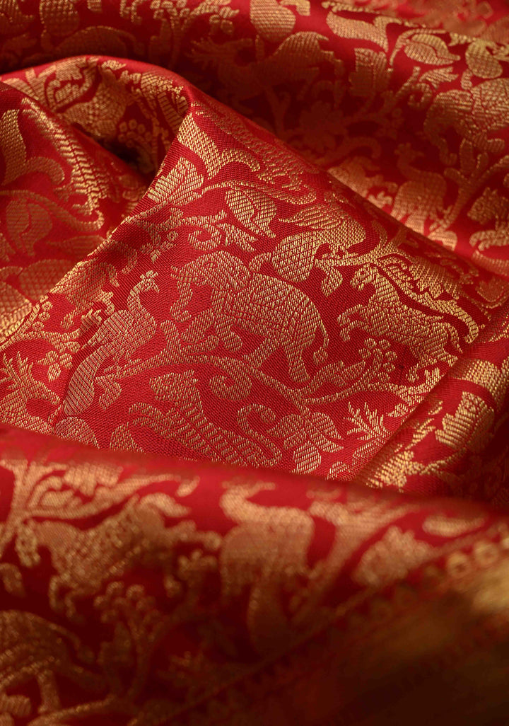 Red Pure Kanjivaram Silk Saree with Vanasingaram Brocade Jaal and Zari Border | SILK MARK CERTIFIED