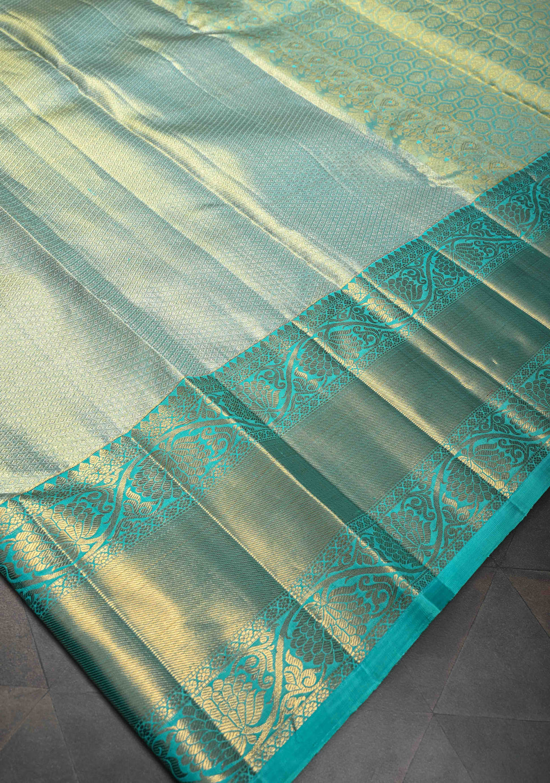 Cyan Kanjivaram Tissue Silk Saree with Zari Brocade and Zari Border | SILK MARK CERTIFIED