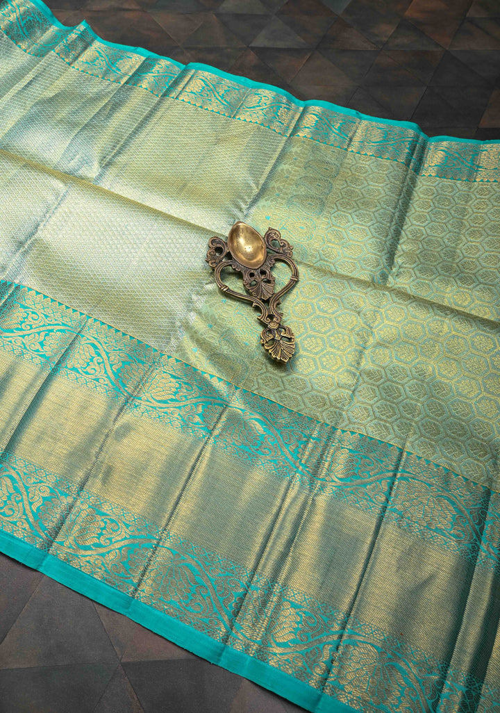 Cyan Kanjivaram Tissue Silk Saree with Zari Brocade and Zari Border | SILK MARK CERTIFIED