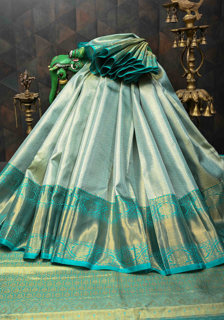 Cyan Kanjivaram Tissue Silk Saree with Zari Brocade and Zari Border | SILK MARK CERTIFIED