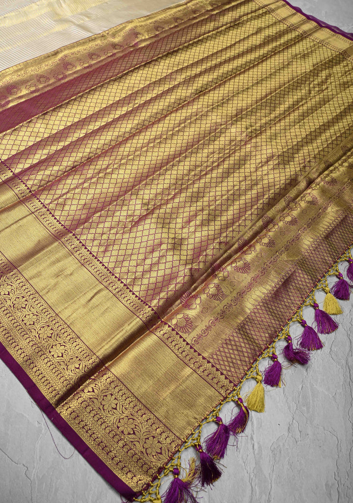 Beige Kanjivaram Tissue Silk Saree with Horizontal Zari Stripes and Zari Border  | SILK MARK CERTIFIED