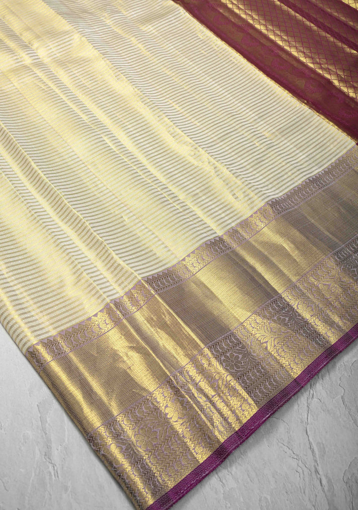 Beige Kanjivaram Tissue Silk Saree with Horizontal Zari Stripes and Zari Border  | SILK MARK CERTIFIED