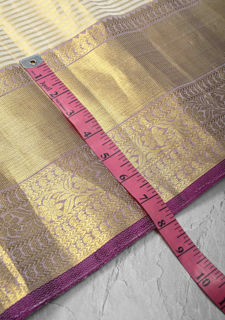 Beige Kanjivaram Tissue Silk Saree with Horizontal Zari Stripes and Zari Border  | SILK MARK CERTIFIED