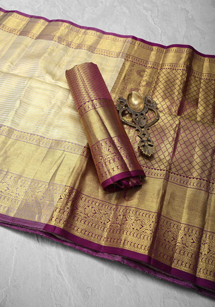 Beige Kanjivaram Tissue Silk Saree with Horizontal Zari Stripes and Zari Border  | SILK MARK CERTIFIED