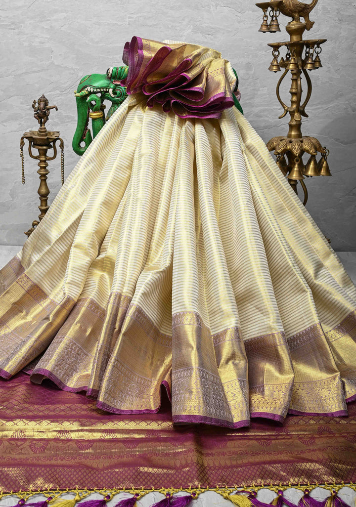 Beige Kanjivaram Tissue Silk Saree with Horizontal Zari Stripes and Zari Border  | SILK MARK CERTIFIED