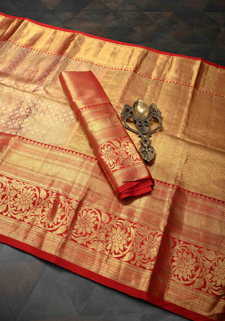 Brocade Orange Dual tone Kanjivaram Tissue Silk Saree and Contrast Zari Border | SILK MARK CERTIFIED