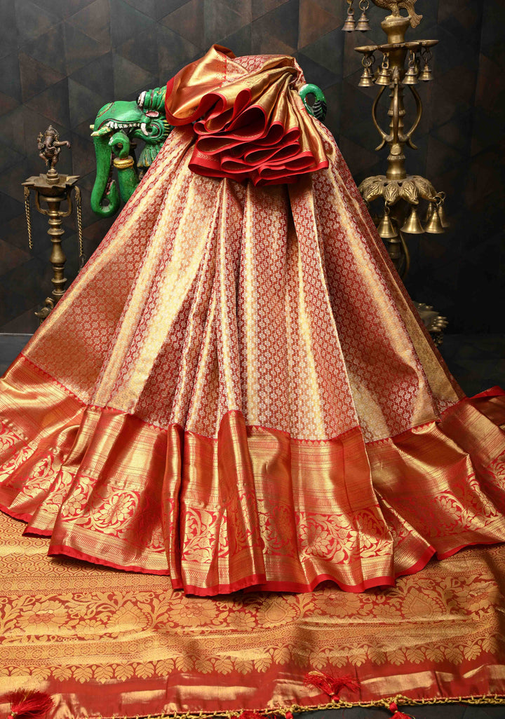 Brocade Orange Dual tone Kanjivaram Tissue Silk Saree and Contrast Zari Border | SILK MARK CERTIFIED