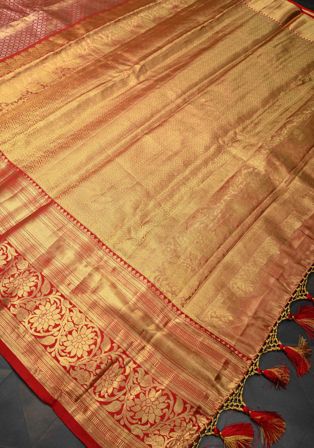 Brocade Orange Dual tone Kanjivaram Tissue Silk Saree and Contrast Zari Border | SILK MARK CERTIFIED