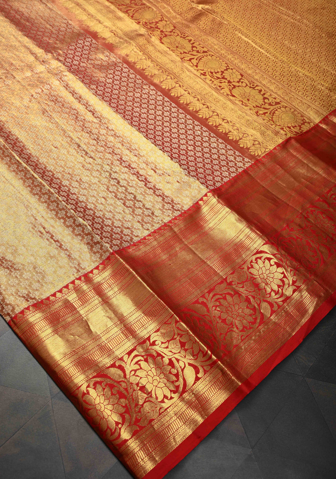 Brocade Orange Dual tone Kanjivaram Tissue Silk Saree and Contrast Zari Border | SILK MARK CERTIFIED