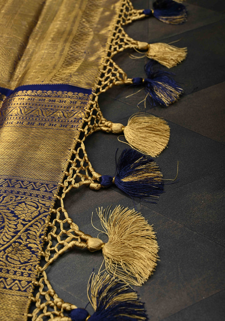 Gold Dual tone Kanjivaram Tissue Silk Saree with Meenakari Floral Brocade Jaal and Wide Zari Border | SILK MARK CERTIFIED