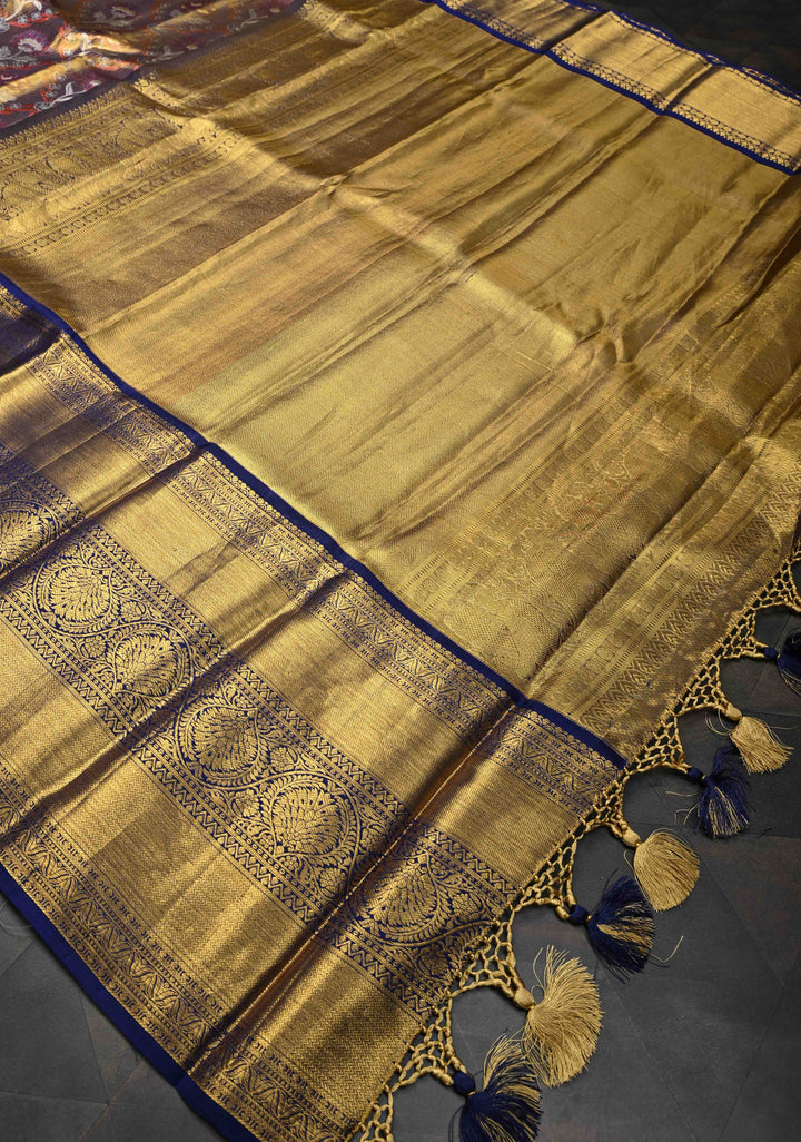 Gold Dual tone Kanjivaram Tissue Silk Saree with Meenakari Floral Brocade Jaal and Wide Zari Border | SILK MARK CERTIFIED