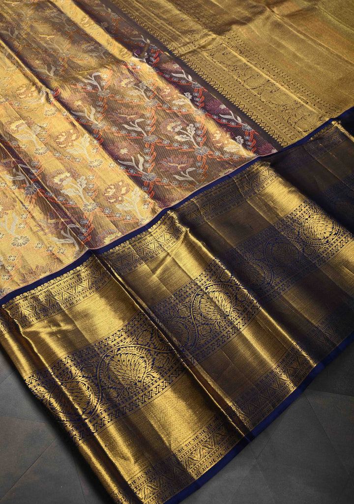 Gold Dual tone Kanjivaram Tissue Silk Saree with Meenakari Floral Brocade Jaal and Wide Zari Border | SILK MARK CERTIFIED