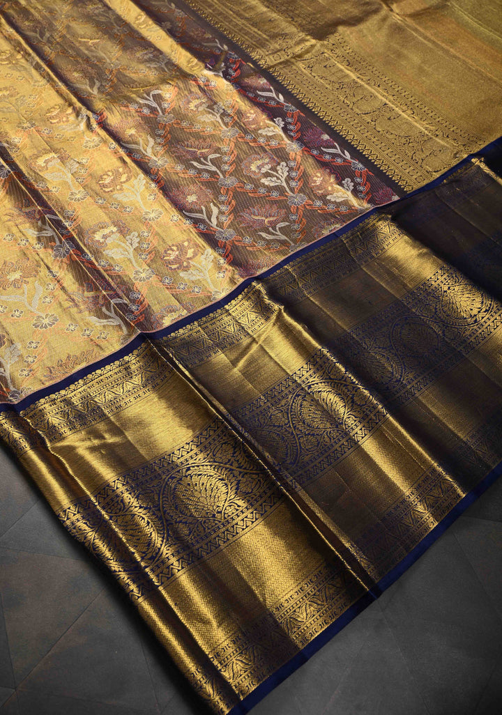 Gold Dual tone Kanjivaram Tissue Silk Saree with Meenakari Floral Brocade Jaal and Wide Zari Border | SILK MARK CERTIFIED