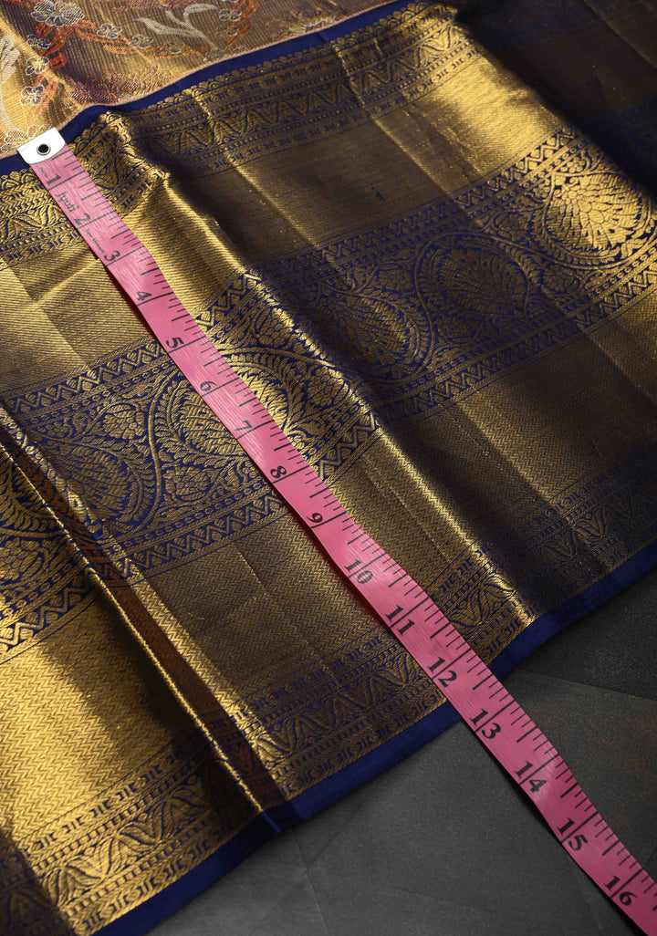 Gold Dual tone Kanjivaram Tissue Silk Saree with Meenakari Floral Brocade Jaal and Wide Zari Border | SILK MARK CERTIFIED