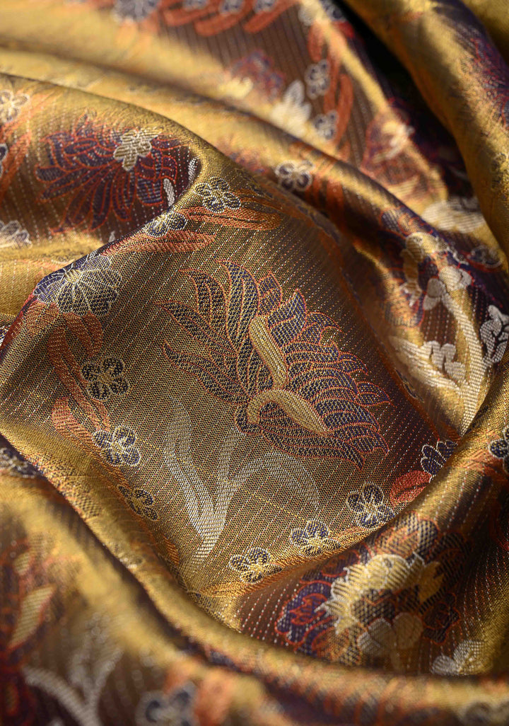 Gold Dual tone Kanjivaram Tissue Silk Saree with Meenakari Floral Brocade Jaal and Wide Zari Border | SILK MARK CERTIFIED