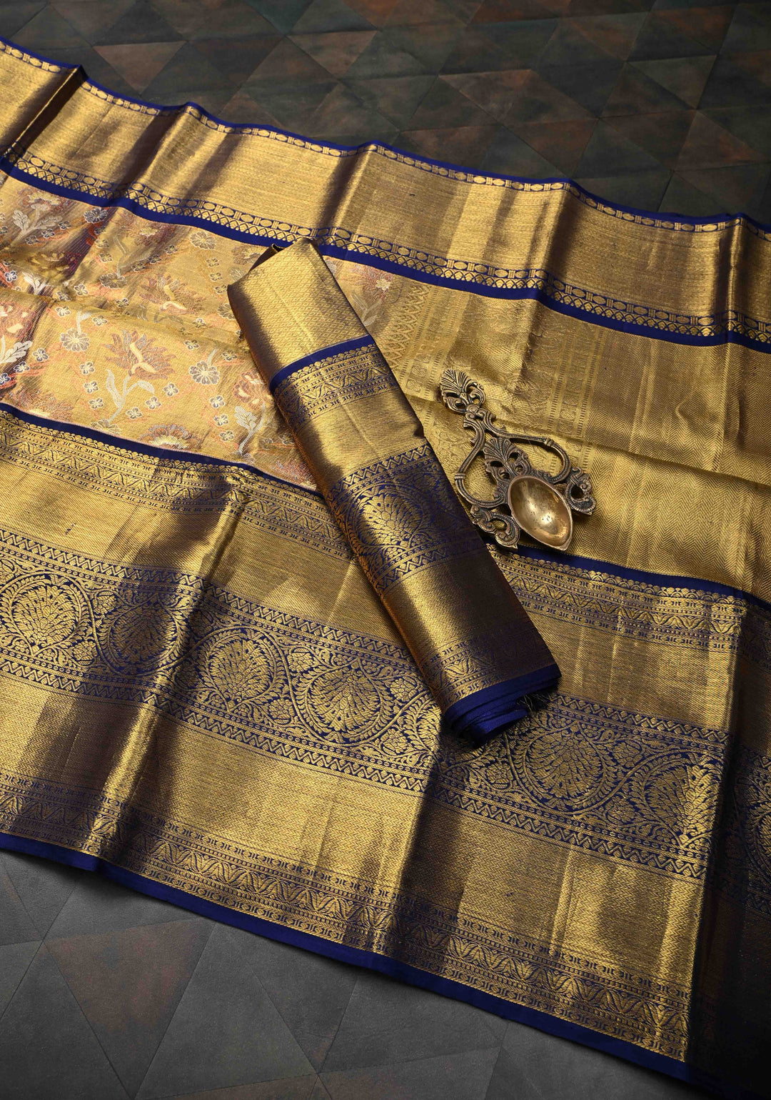 Gold Dual tone Kanjivaram Tissue Silk Saree with Meenakari Floral Brocade Jaal and Wide Zari Border | SILK MARK CERTIFIED