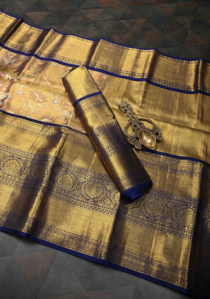 Gold Dual tone Kanjivaram Tissue Silk Saree with Meenakari Floral Brocade Jaal and Wide Zari Border | SILK MARK CERTIFIED