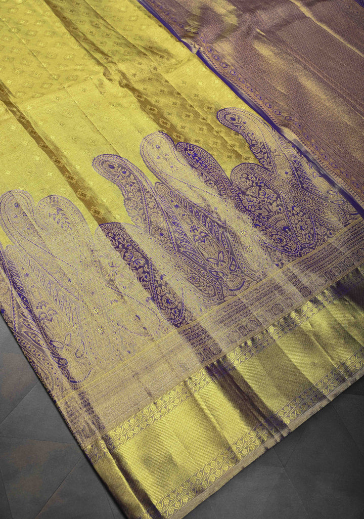 Golden Brocade Tissue Kanjivaram Pure Silk Saree With Zari Border | SILK MARK CERTIFIED