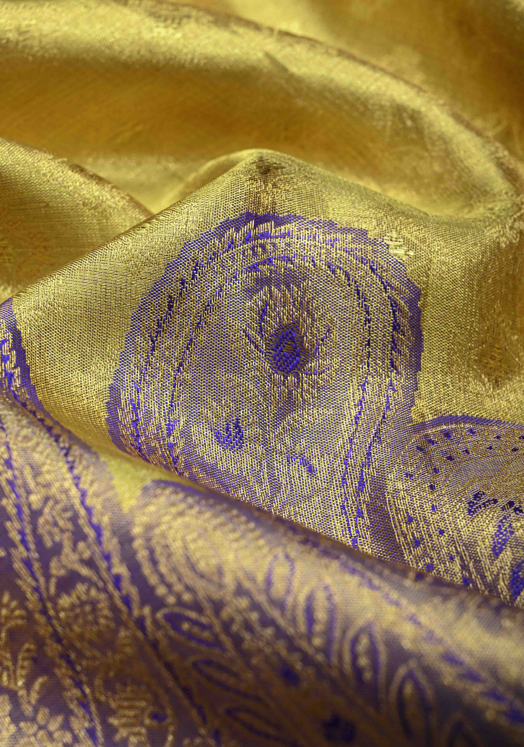 Golden Brocade Tissue Kanjivaram Pure Silk Saree With Zari Border | SILK MARK CERTIFIED