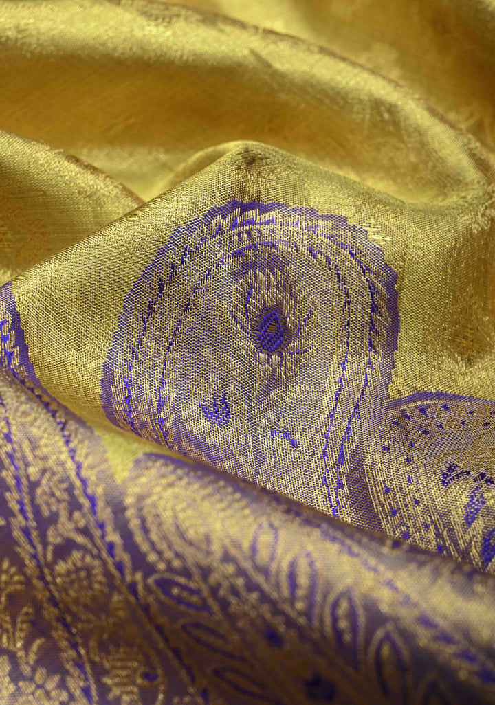 Golden Brocade Tissue Kanjivaram Pure Silk Saree With Zari Border | SILK MARK CERTIFIED